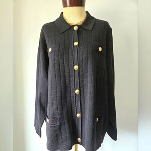 SIONI Black Ceckered Cardigan with Gold Lion Buttons. Size 1x